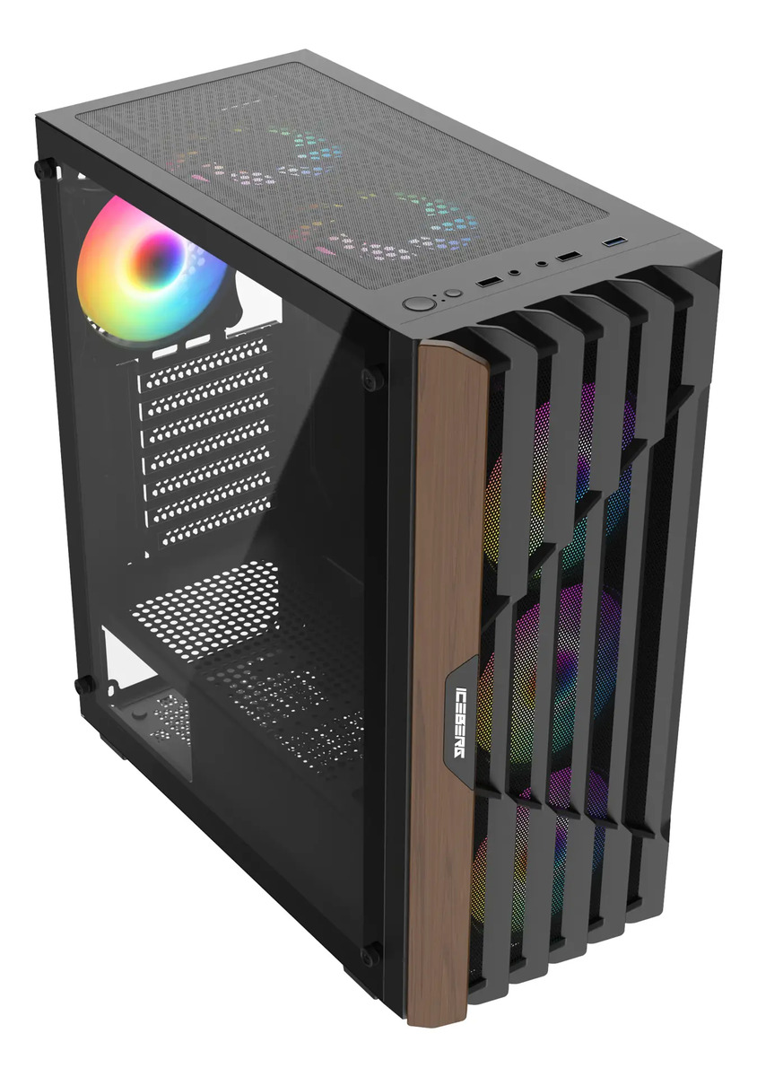 Gabinete Gamer Iceberg Wood Core Madera 6 Fans Argb Negro